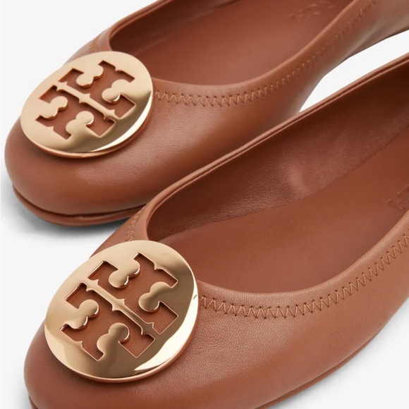 Tory Burch Mini travel Brown Naya leather Flats with gold logo size 10 - Picture 2 of 10